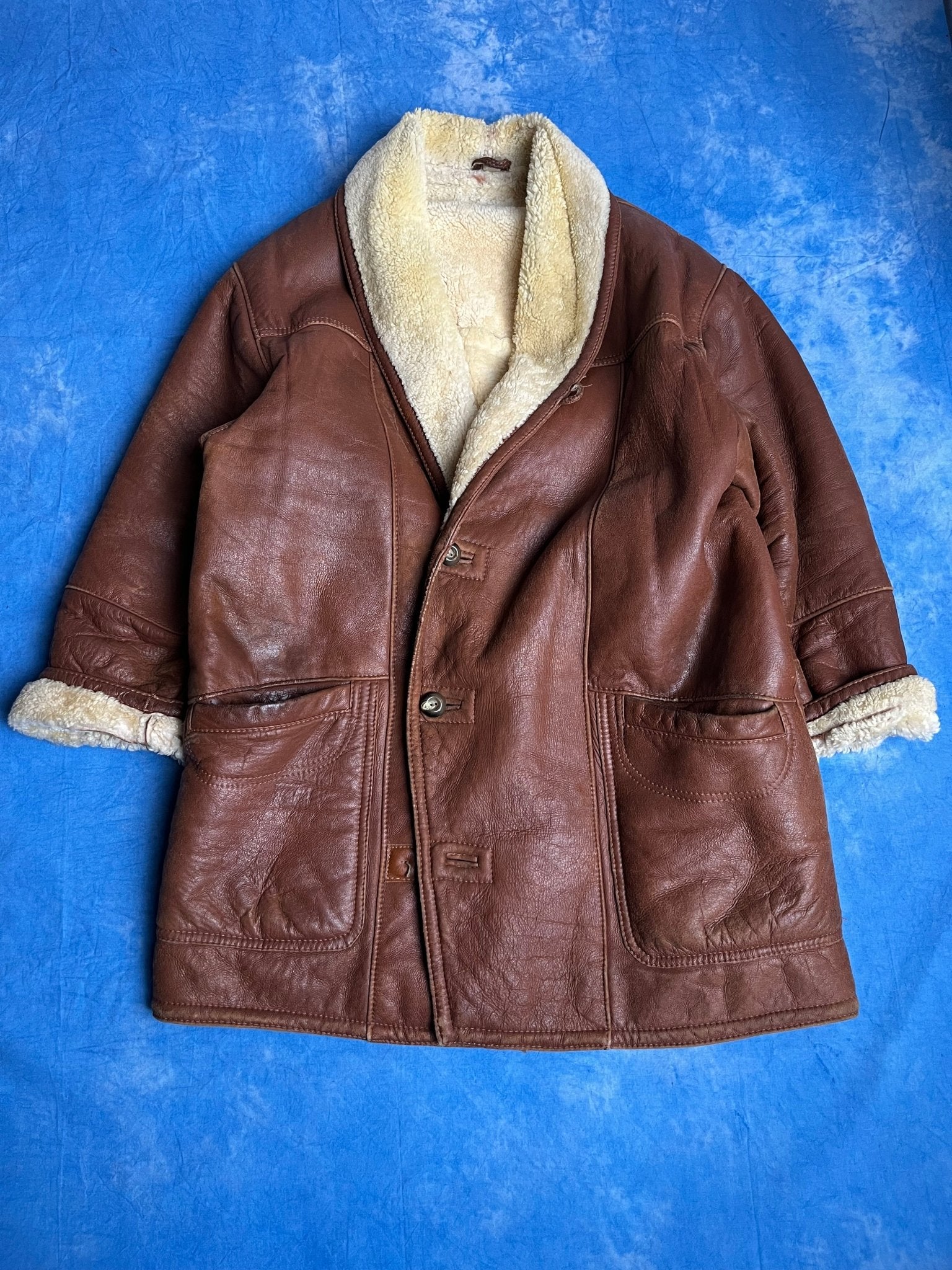 Brązowy Kożuch z Owczej Skóry 80s M | Piggy Boxer Vintage Shop