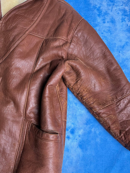 Brązowy Kożuch z Owczej Skóry 80s M | Piggy Boxer Vintage Shop