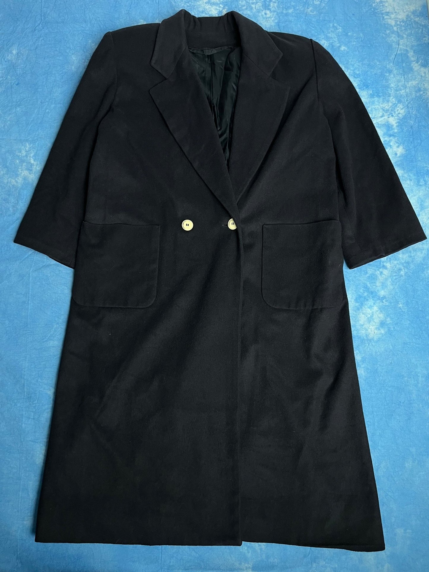 Długi Ciemnogranatowy Płaszcz Wełniany Vintage L | Piggy Boxer Vintage Shop