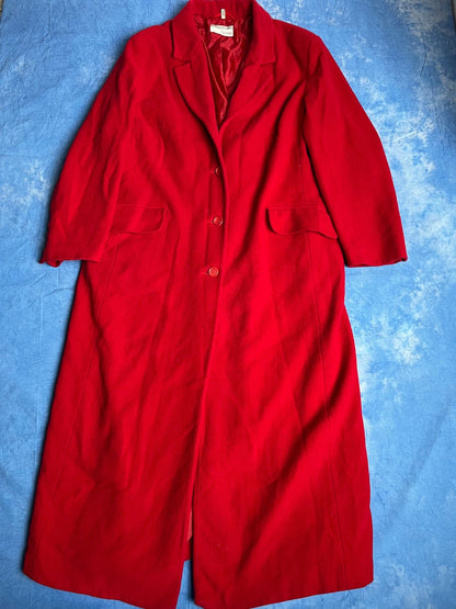 Długi Czerwony Płaszcz Wełniano Kaszmirowy 90s L | Piggy Boxer Vintage Shop