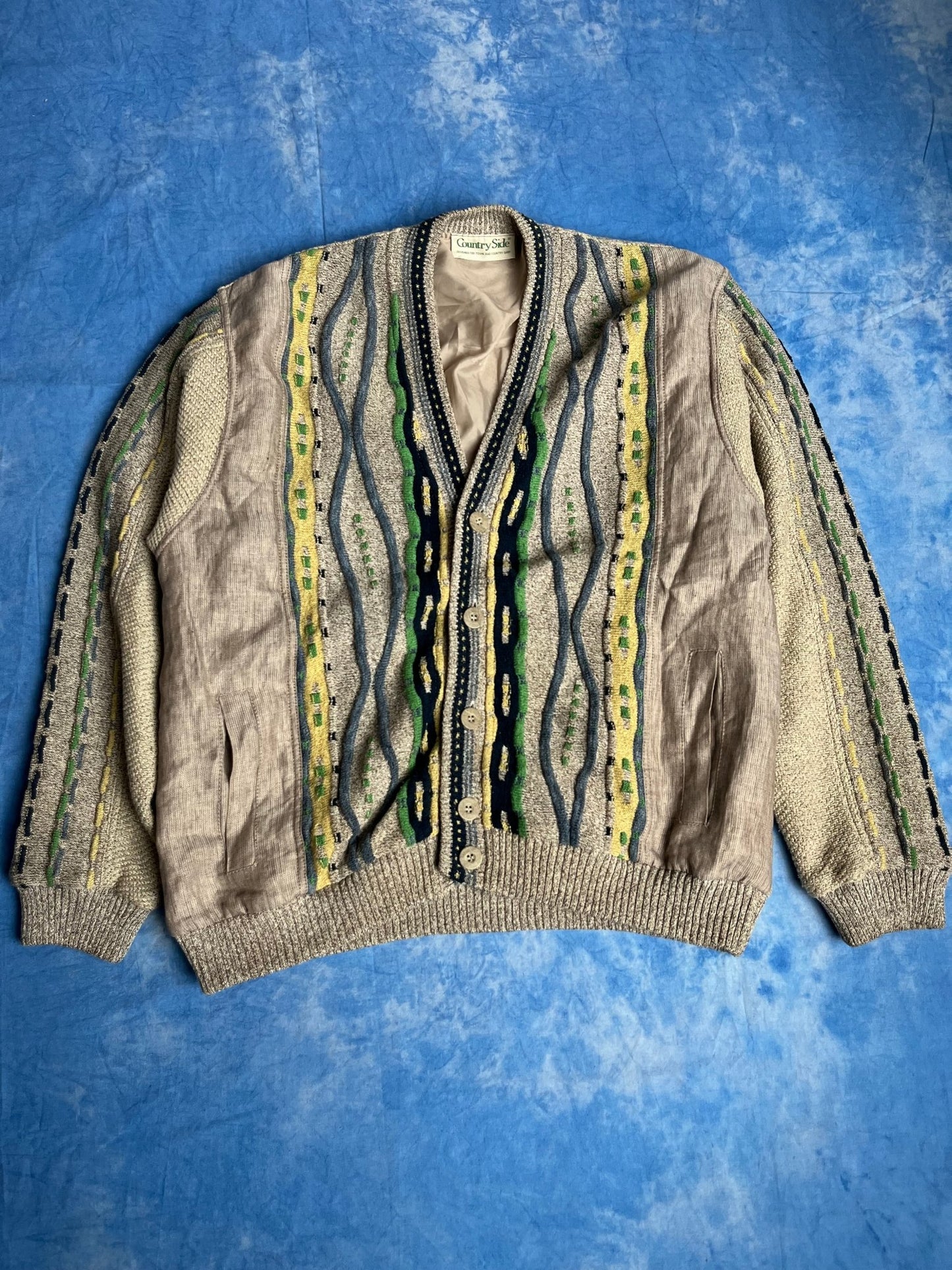 Kardigan Kolorowy Warkocz z Lnem 90s XL | Piggy Boxer Vintage Shop