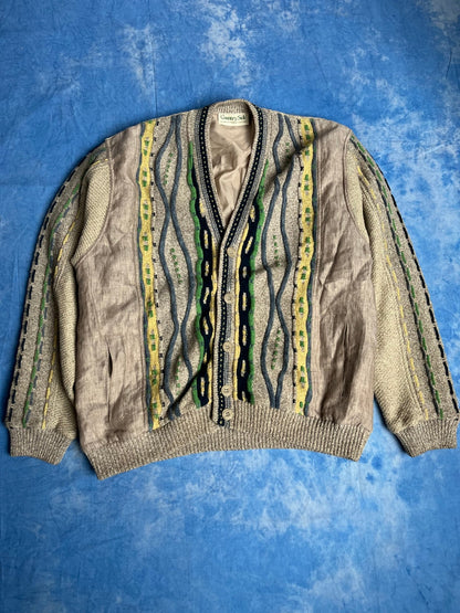 Kardigan Kolorowy Warkocz z Lnem 90s XL | Piggy Boxer Vintage Shop