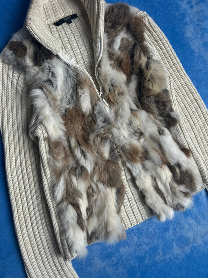 Sweter Rozpinany Wełniany ze Sztucznym Futrem 00s L | Piggy Boxer Vintage Shop