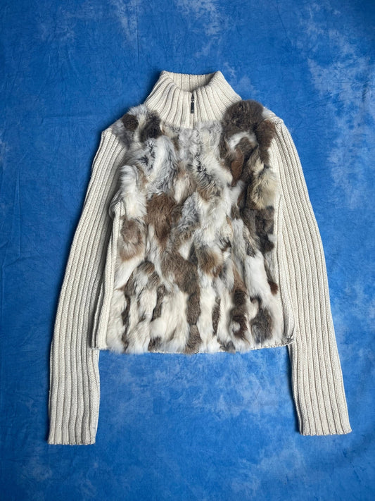 Sweter Rozpinany Wełniany ze Sztucznym Futrem 00s L | Piggy Boxer Vintage Shop