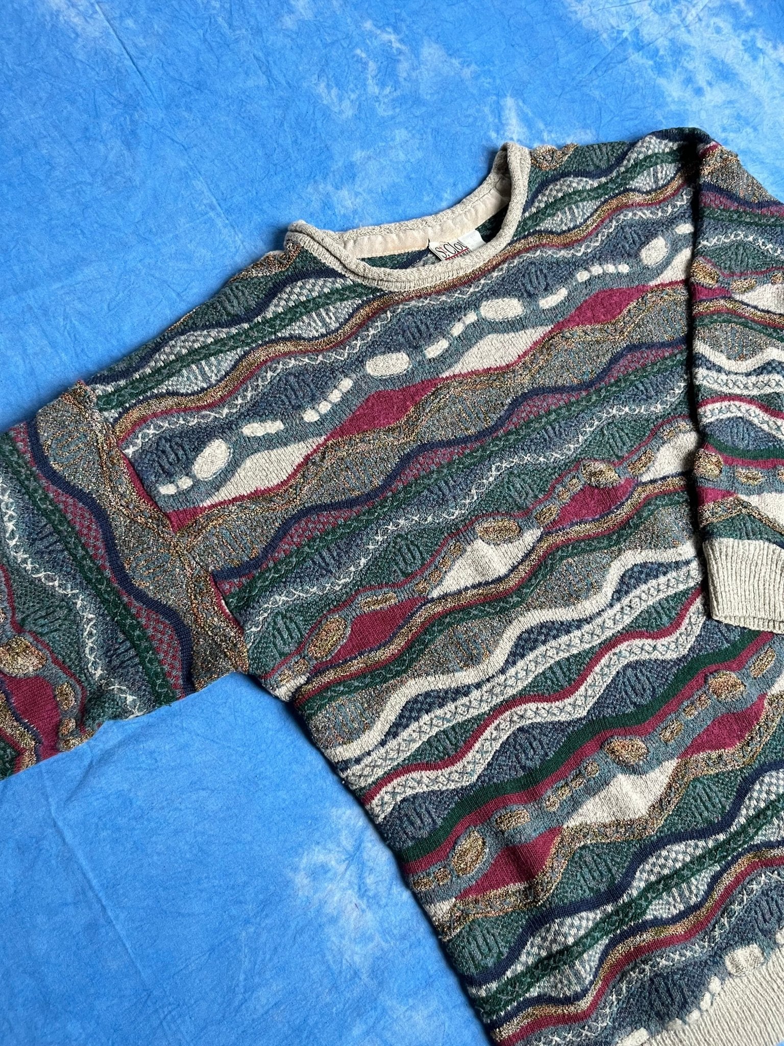 Sweter Warkoczowy Kolorowy 90s XL | Piggy Boxer Vintage Shop