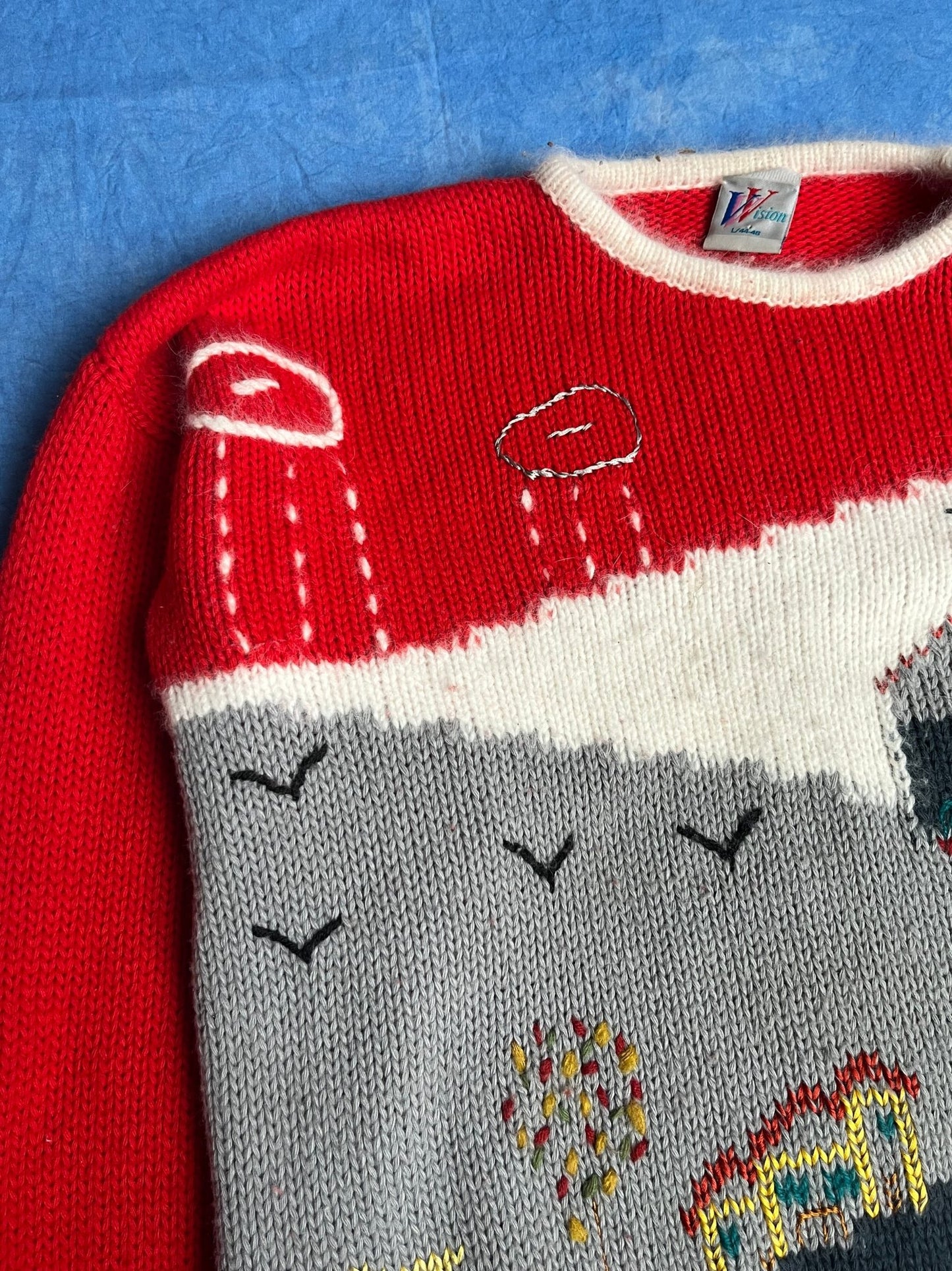 Sweterek Wełniany z Motywem Wsi 90s L | Piggy Boxer Vintage Shop