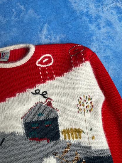 Sweterek Wełniany z Motywem Wsi 90s L | Piggy Boxer Vintage Shop