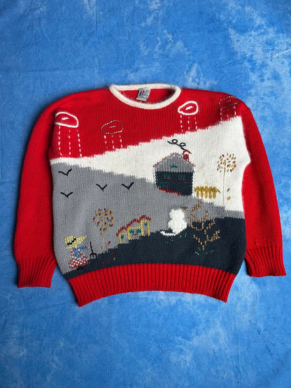 Sweterek Wełniany z Motywem Wsi 90s L | Piggy Boxer Vintage Shop