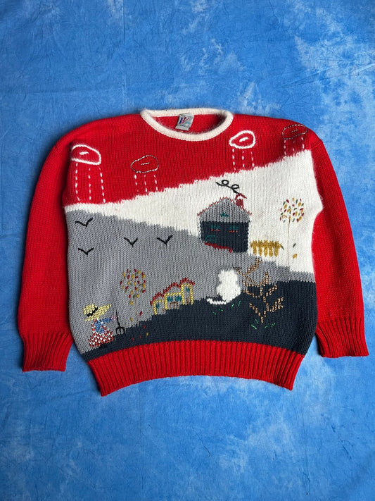 Sweterek Wełniany z Motywem Wsi 90s L | Piggy Boxer Vintage Shop